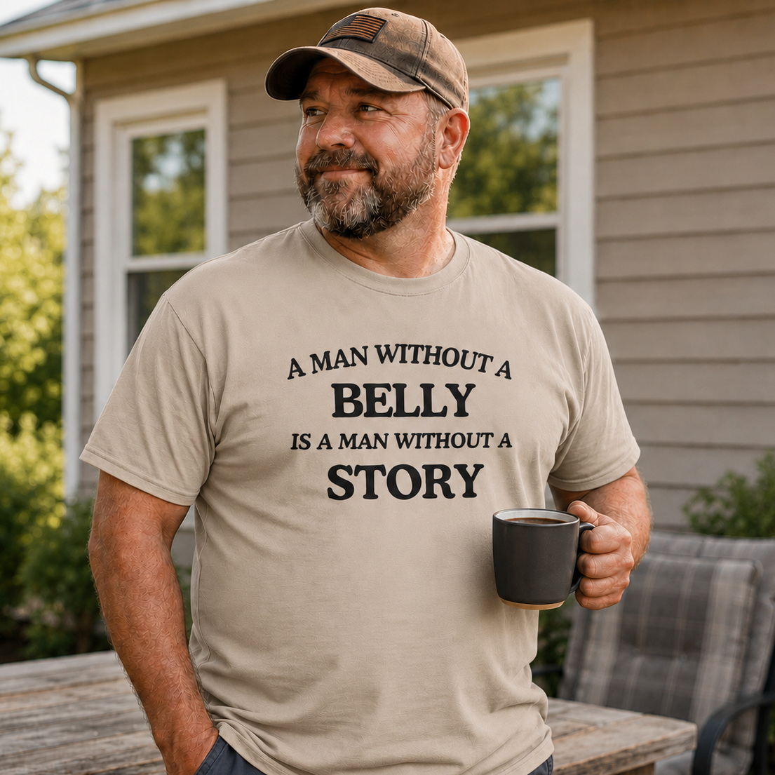 A man wearing a beige graphic t-shirt with the text 'A MAN WITHOUT A BELLY IS A MAN WITHOUT A STORY' in black, standing outdoors on a wooden deck in front of a house.
