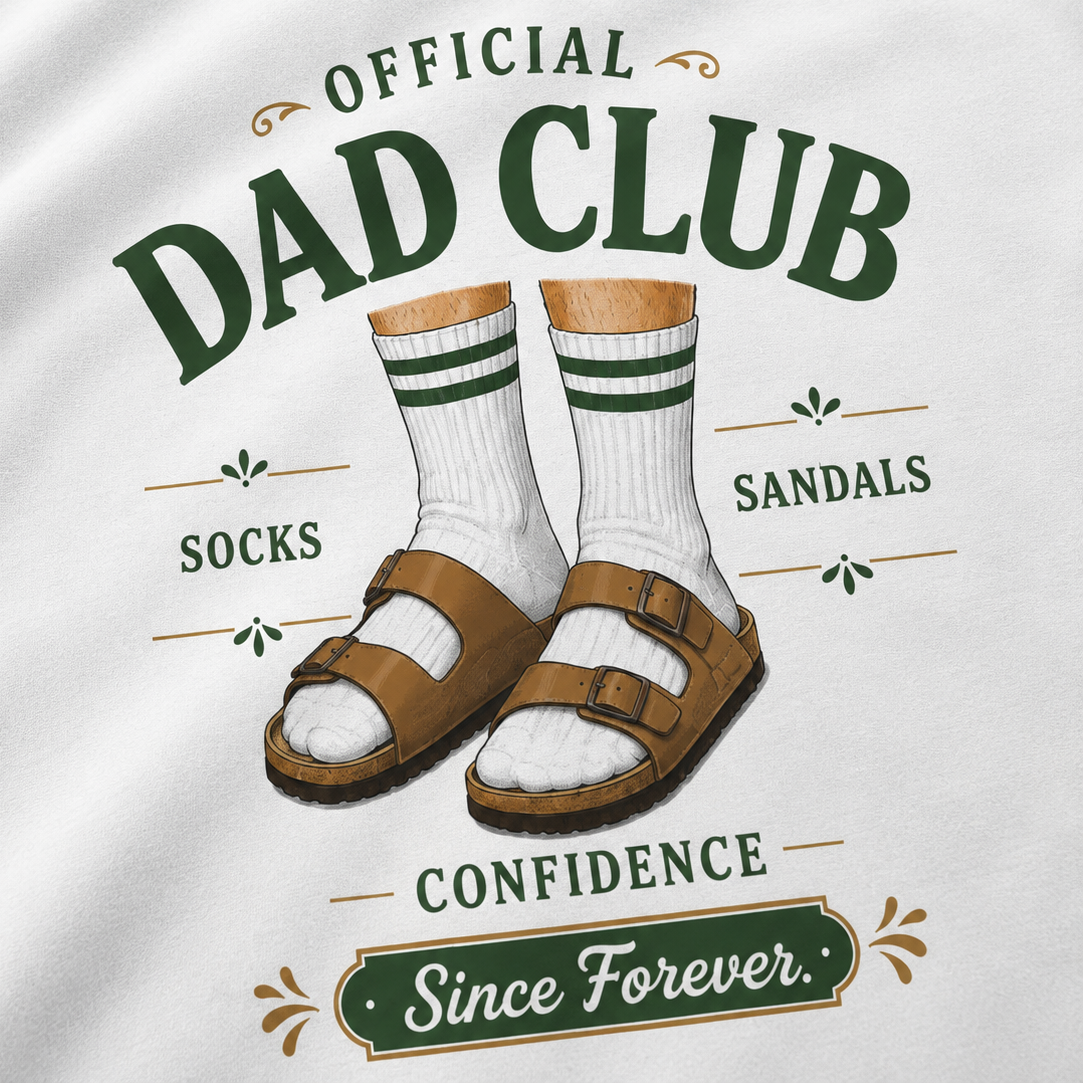A close-up of a white fabric product, likely a t-shirt or poster print, featuring a graphic design for 'Official Dad Club'. The design includes an illustration of brown double-strap sandals, white crew socks with green stripes, and green and brown text reading 'OFFICIAL DAD CLUB', 'SOCKS', 'SANDALS', 'CONFIDENCE', and 'Since Forever.