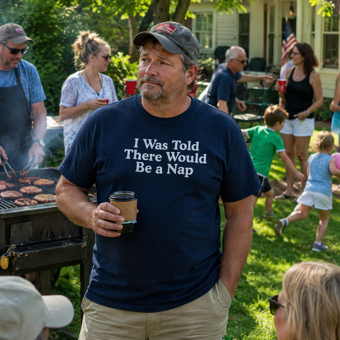 Man wearing a t-shirt with text at a barbecue party