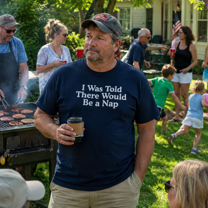 Man wearing a t-shirt with text at a barbecue party