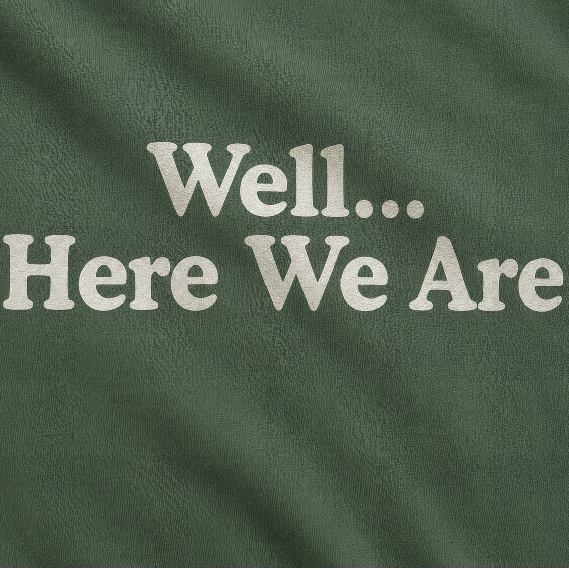 Close-up of a dark green fabric surface with the phrase 'Well... Here We Are' printed in large white serif letters.