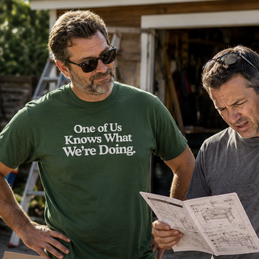Two men standing outdoors at a worktable in a garage-like setting, with one man wearing a green graphic T-shirt that reads 'One of Us Knows What We're Doing.' and looking at a printed sheet.