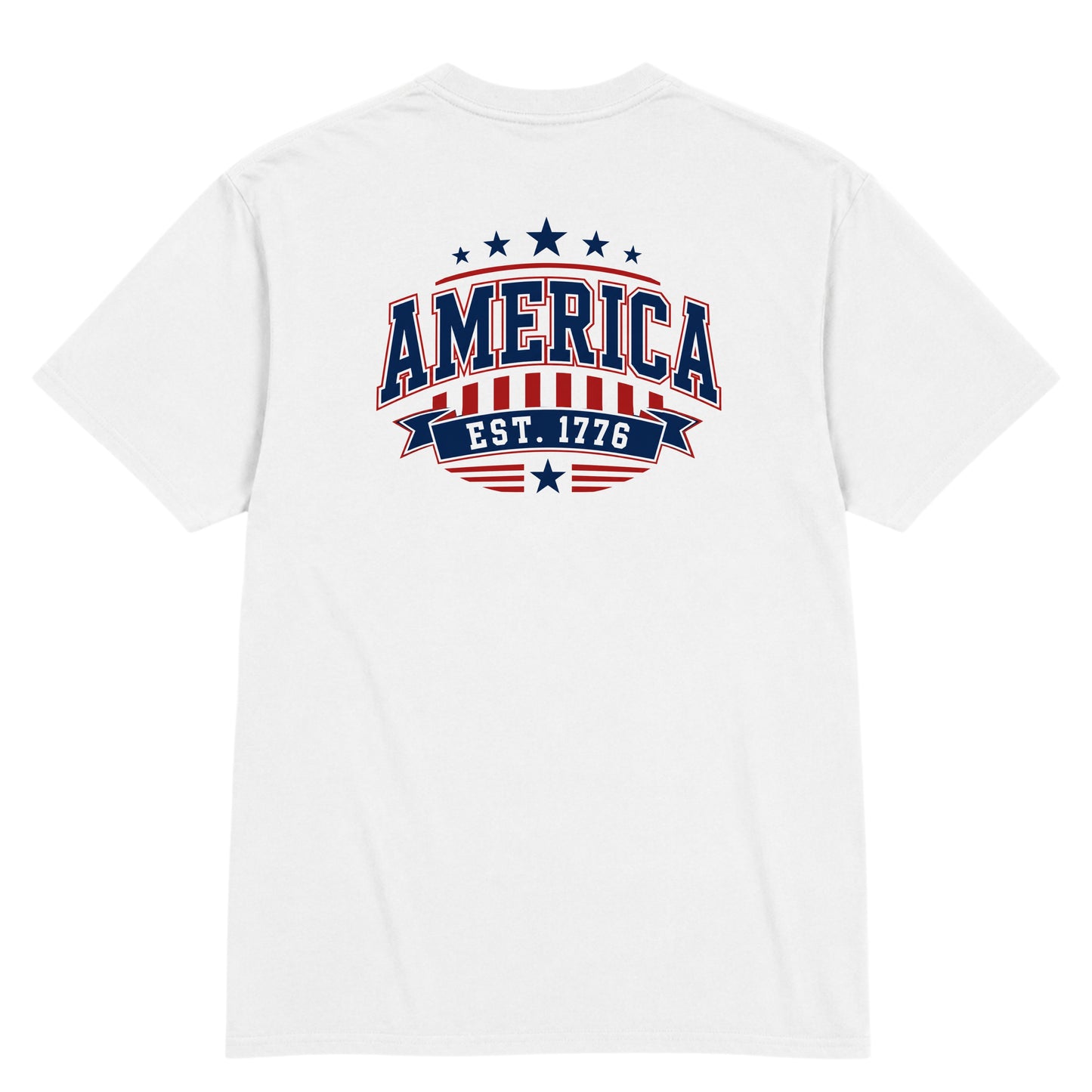 White t-shirt with 'America Est. 1776' design on the back against a white background