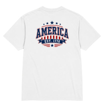 White t-shirt with 'America Est. 1776' design on the back against a white background