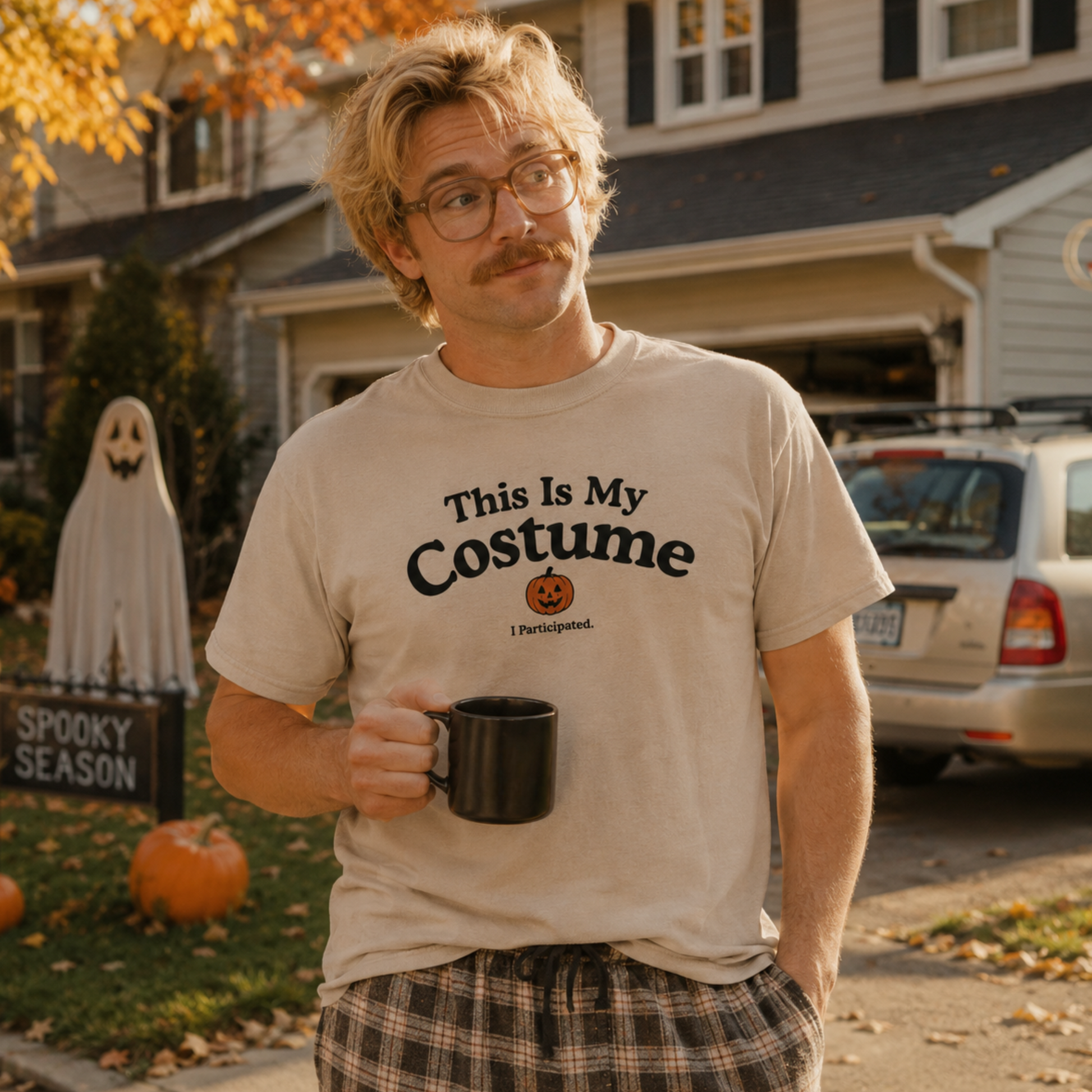 A man wearing a beige graphic t-shirt that reads 'This Is My Costume' with a small pumpkin logo, holding a black mug in a suburban front yard decorated for Halloween.